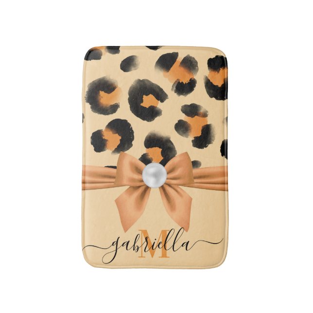 Cute Leopard Print and Bow Bath Mat (Front Vertical)