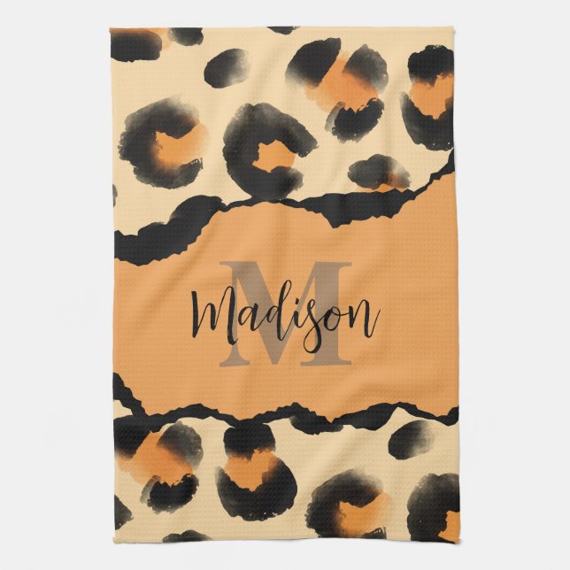 Cute Leopard Print Monogram Kitchen Towel (Vertical)