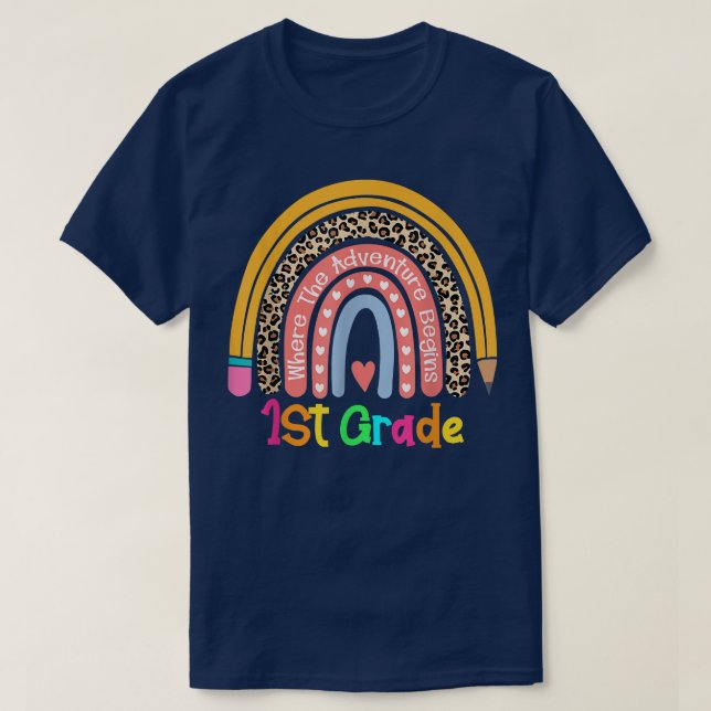 Cute Leopard Rainbow 1st Grade Where The Adventure T-Shirt (Design Front)