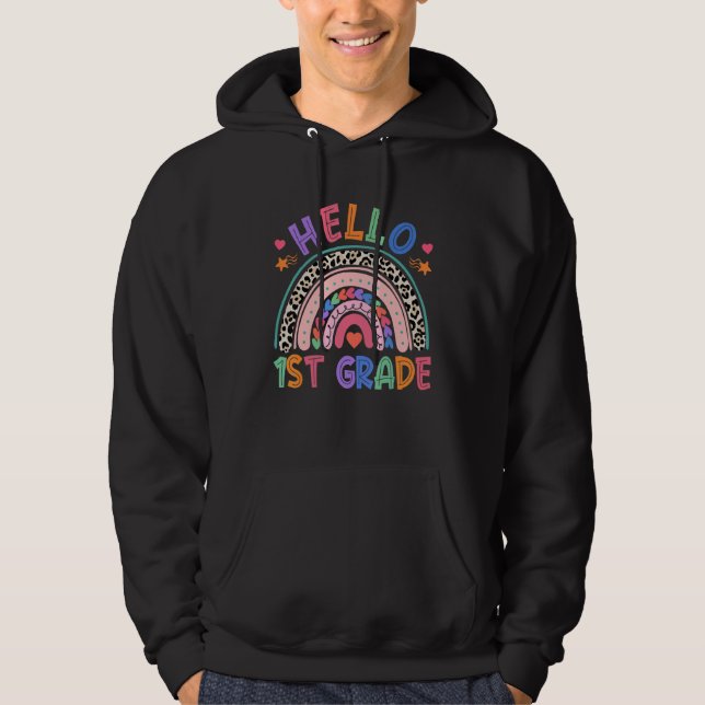 Cute Leopard Rainbow Hello 1st Grade First Day Of  Hoodie (Front)