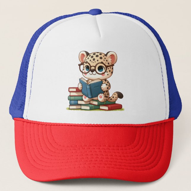Cute Leopard Reading Trucker Hat (Front)