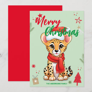 Cute leopard santa Christmas Holiday Family name Card