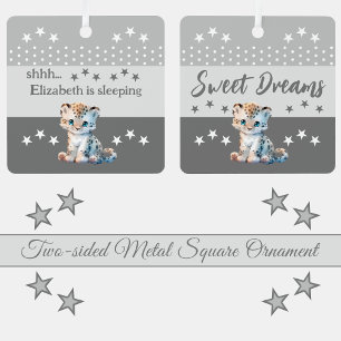 Cute leopard shhh add name is sleeping grey metal ornament