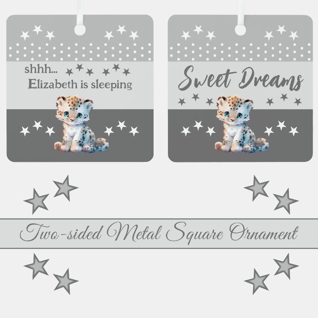Cute leopard shhh add name is sleeping grey metal ornament (Creator Uploaded)