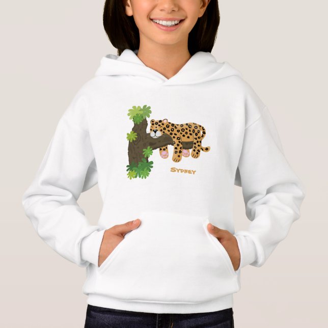 Cute leopard sleeping in tree cartoon illustration (Front)