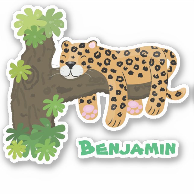 Cute leopard sleeping in tree cartoon illustration (Front)
