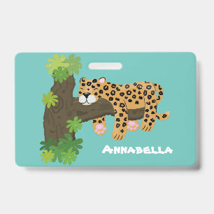 Cute leopard sleeping in tree cartoon illustration badge