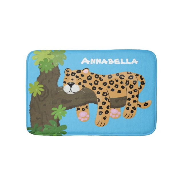 Cute leopard sleeping in tree cartoon illustration bath mat (Front)