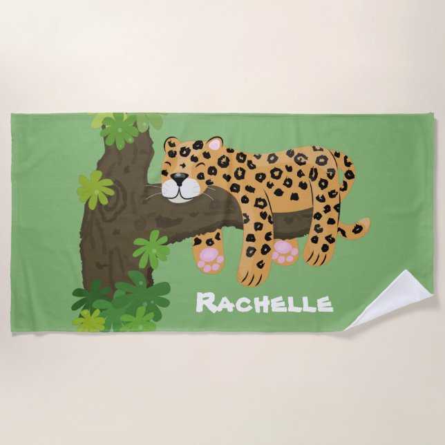 Cute leopard sleeping in tree cartoon illustration beach towel (Front)