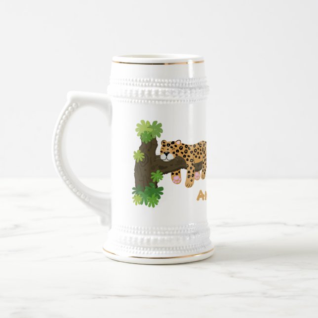 Cute leopard sleeping in tree cartoon illustration beer stein (Left)