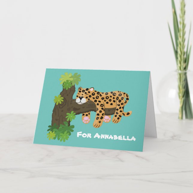 Cute leopard sleeping in tree cartoon illustration card (Front)