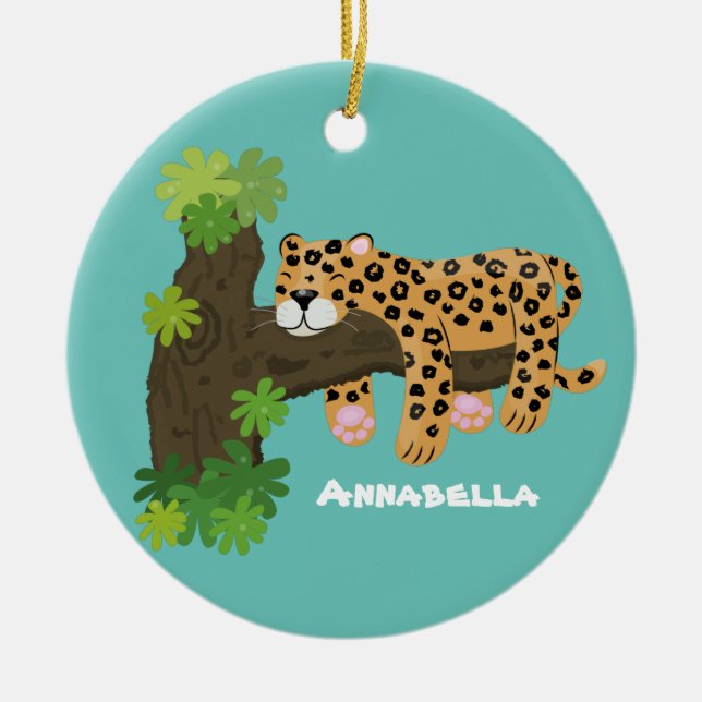 Cute leopard sleeping in tree cartoon illustration ceramic ornament (Front)