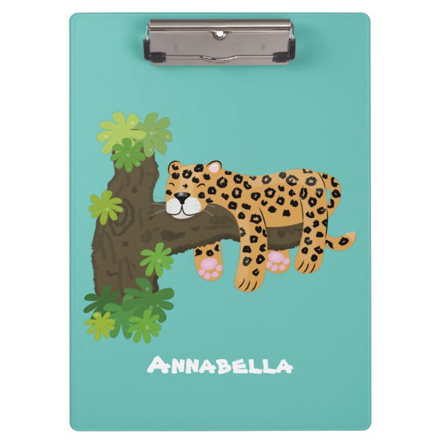 Cute leopard sleeping in tree cartoon illustration clipboard (Front)