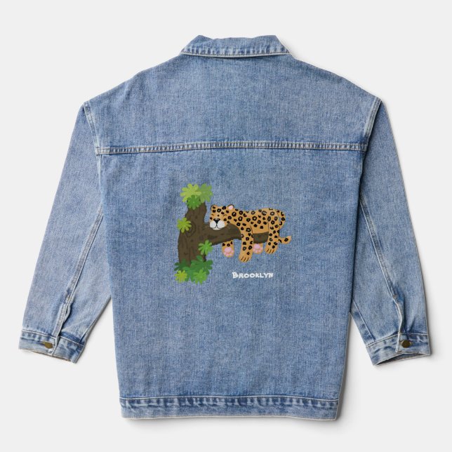 Cute leopard sleeping in tree cartoon illustration denim jacket (Back)