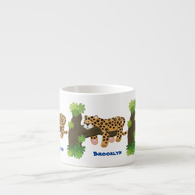 Cute leopard sleeping in tree cartoon illustration espresso cup (Front)