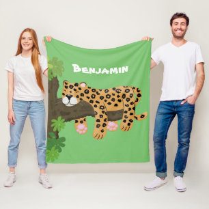Cute leopard sleeping in tree cartoon illustration fleece blanket