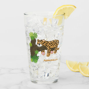 Cute leopard sleeping in tree cartoon illustration glass