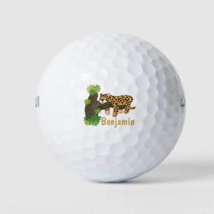 Cute leopard sleeping in tree cartoon illustration golf balls
