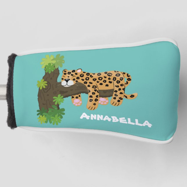 Cute leopard sleeping in tree cartoon illustration golf head cover (Front)