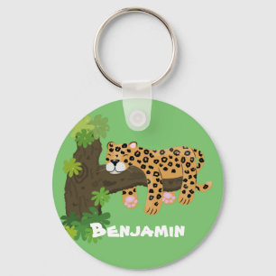 Cute leopard sleeping in tree cartoon illustration keychain