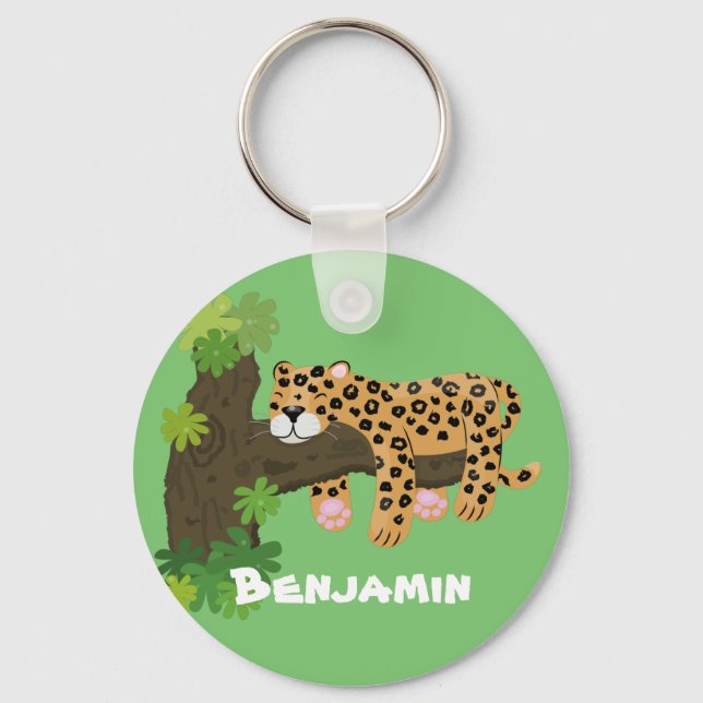 Cute leopard sleeping in tree cartoon illustration keychain (Front)