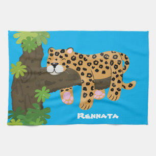 Cute leopard sleeping in tree cartoon illustration kitchen towel