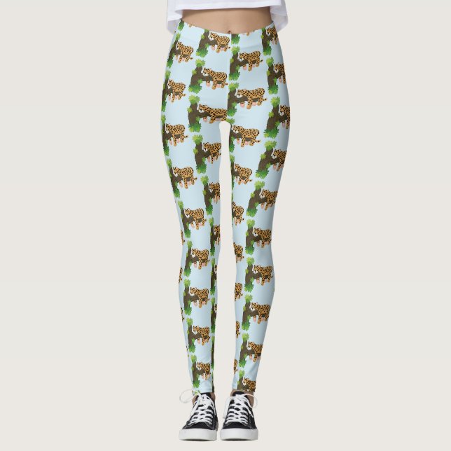 Cute leopard sleeping in tree cartoon illustration leggings (Front)