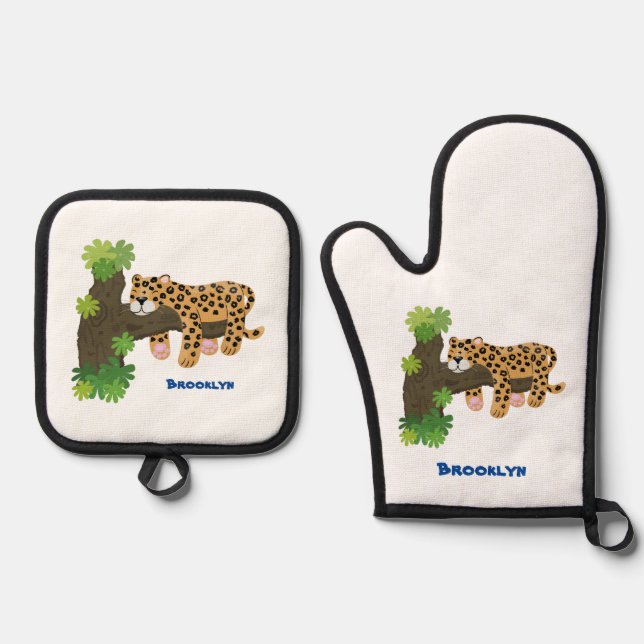 Cute leopard sleeping in tree cartoon illustration oven mitt & pot holder set (Front)