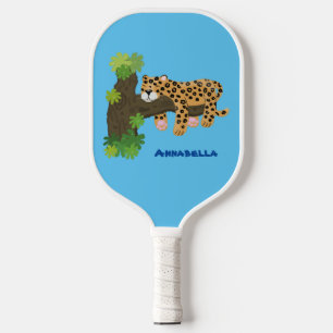 Cute leopard sleeping in tree cartoon illustration pickleball paddle