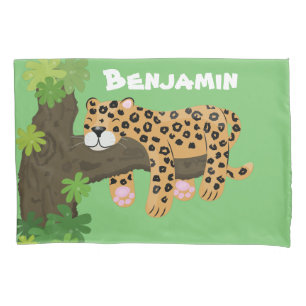 Cute leopard sleeping in tree cartoon illustration pillowcase