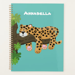Cute leopard sleeping in tree cartoon illustration planner