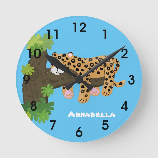 Cute leopard sleeping in tree cartoon illustration round clock (Front)