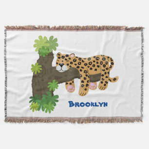 Cute leopard sleeping in tree cartoon illustration throw blanket
