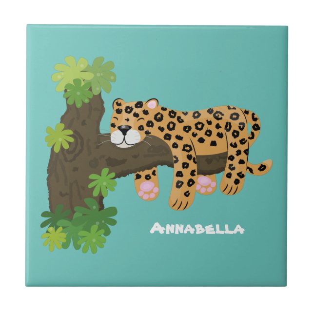 Cute leopard sleeping in tree cartoon illustration tile (Front)