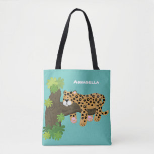 Cute leopard sleeping in tree cartoon illustration tote bag