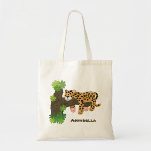 Cute leopard sleeping in tree cartoon illustration tote bag