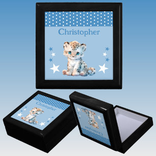 Cute leopard stars add name blue keepsake gift box