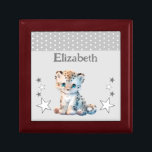 Cute leopard stars add name grey keepsake gift box<br><div class="desc">Keepsake Gift Box for children.
Personalize with a name.
Featuring a cute leopard,  polka dots and stars with the colours grey and white.</div>