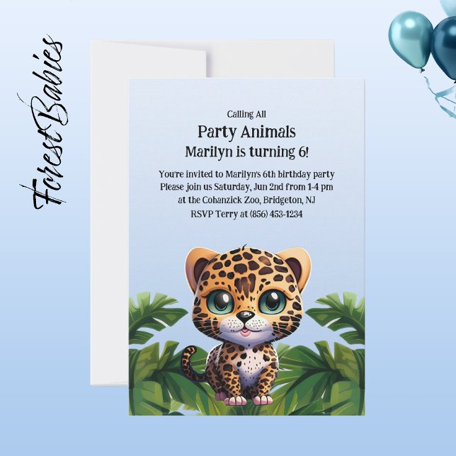 Cute Leopard Tropical Jungle Safari Party Animal Invitation (Leopard 🐆  Tropical Birthday 🌴 Party Animal Customizable ForestBabies Invitation)