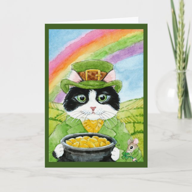 Cute Leprechaun Cat, ,Mouse, St Paddy's Day Holiday Card (Front)