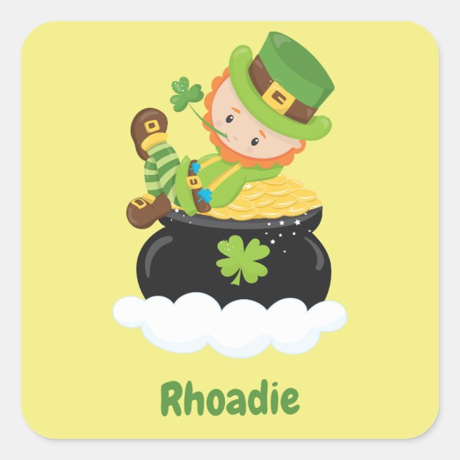 Cute Leprechaun on a pot of gold Square Sticker (Front)