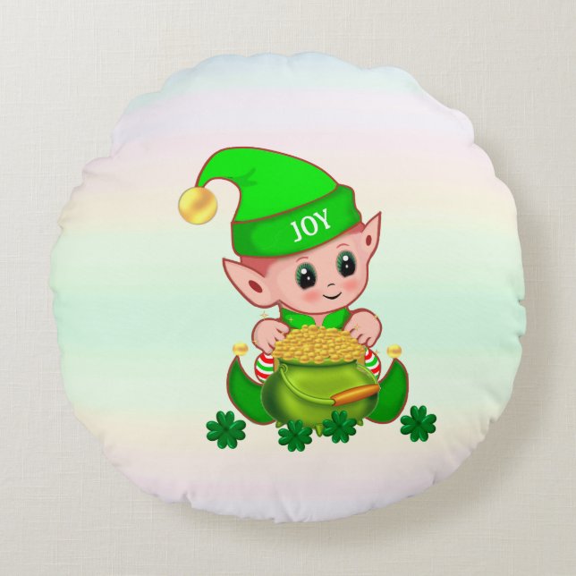 Cute leprechaun, pot of gold & lucky shamrocks round pillow (Front)