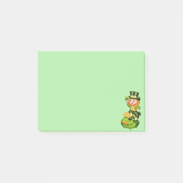 Cute leprechaun & pot of gold on light green post-it notes (Front)