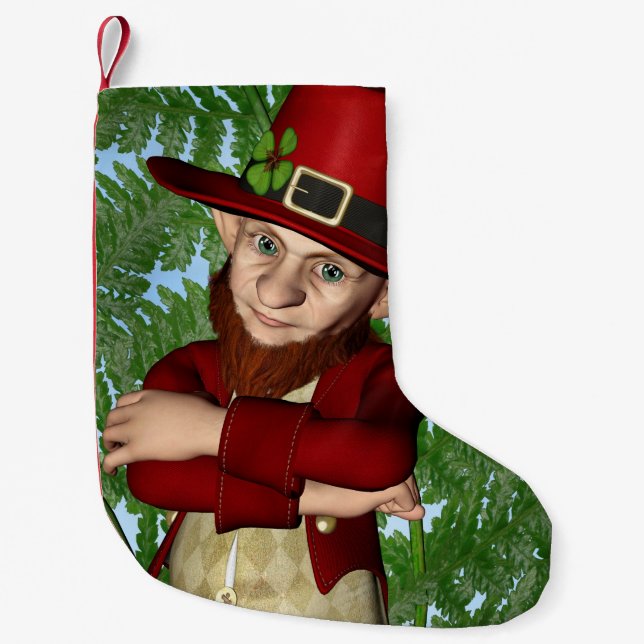 Cute Leprechaun Shamrock Irish Folklore Art Small Christmas Stocking (Front)