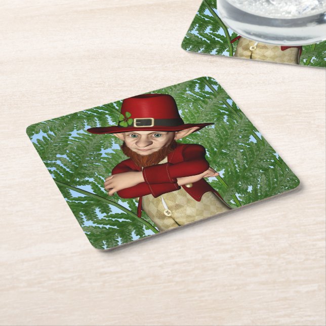 Cute Leprechaun Shamrock Irish Folklore Art Square Paper Coaster (Angled)