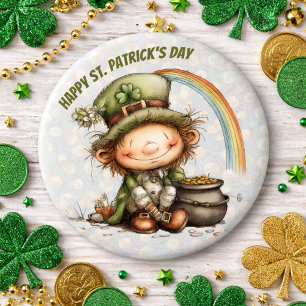 Cute Leprechaun With Pot of Gold and Rainbow 6 Inch Round Button