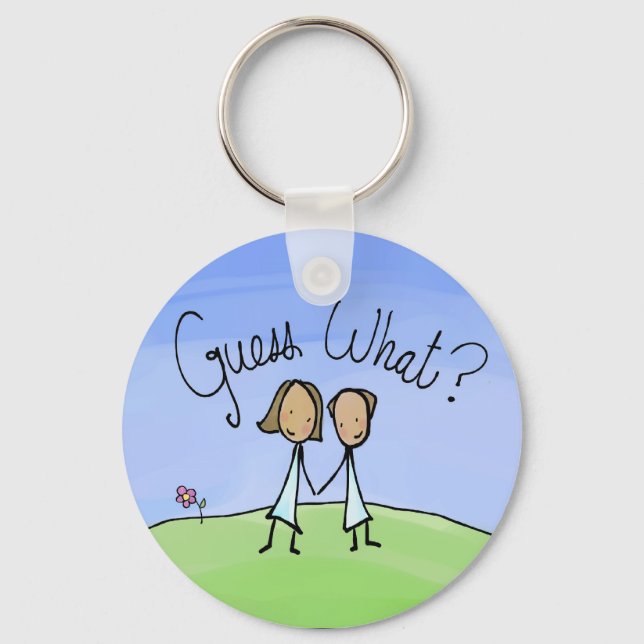 Cute Lesbian Couple Guess What Keychain (Front)