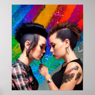 Cute Lesbian Couple Rainbow Art Poster