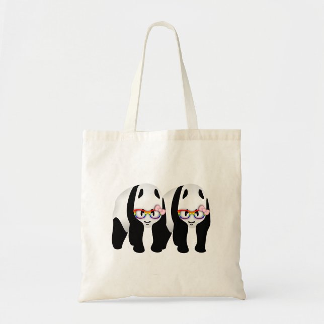Cute Lesbian Pandas Rainbow Wearing Glasses Tote Bag (Front)