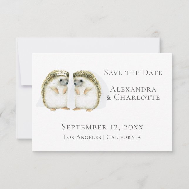 Cute Lesbian Wedding Hedgehog Couple Save The Date (Front)